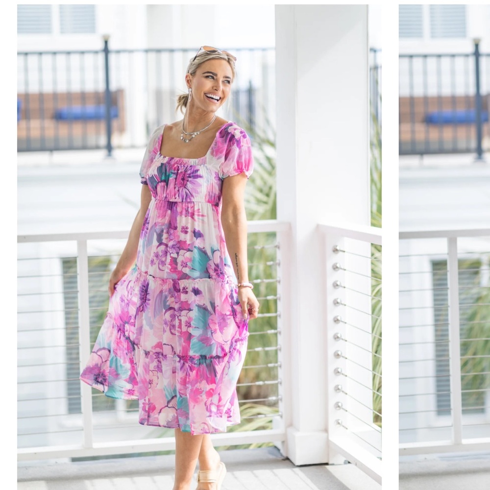 Onetheland Purple Multicolor Floral Chiffon Midi Dress Size Small